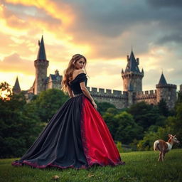 A captivating scene featuring an ancient castle in the background, surrounded by lush greenery and a dramatic sky