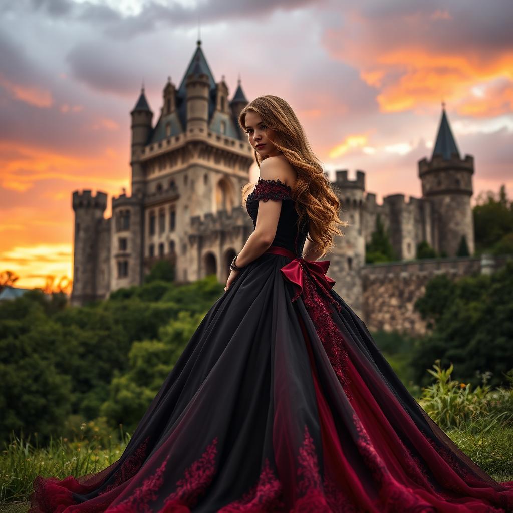 A captivating scene featuring an ancient castle in the background, surrounded by lush greenery and a dramatic sky