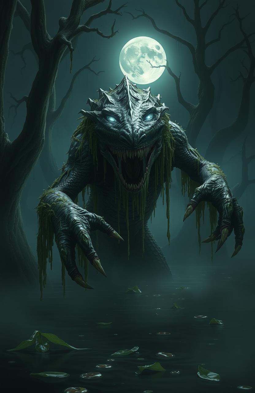 A mysterious swamp monster emerging from a murky swamp, covered in dripping moss and wet plants