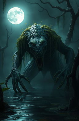 A mysterious swamp monster emerging from a murky swamp, covered in dripping moss and wet plants