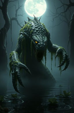 A mysterious swamp monster emerging from a murky swamp, covered in dripping moss and wet plants