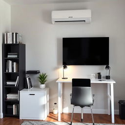 A modern home office setup featuring an IKEA Billy/Oxberg bookshelf against one wall, showcasing neatly organized books and decorative items