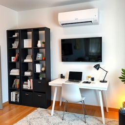 A modern home office setup featuring an IKEA Billy/Oxberg bookshelf against one wall, showcasing neatly organized books and decorative items