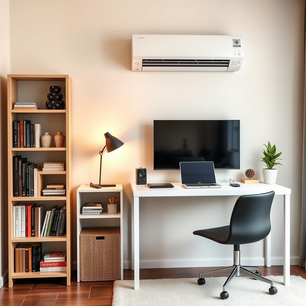 A modern home office setup featuring an IKEA Billy/Oxberg bookshelf against one wall, showcasing neatly organized books and decorative items