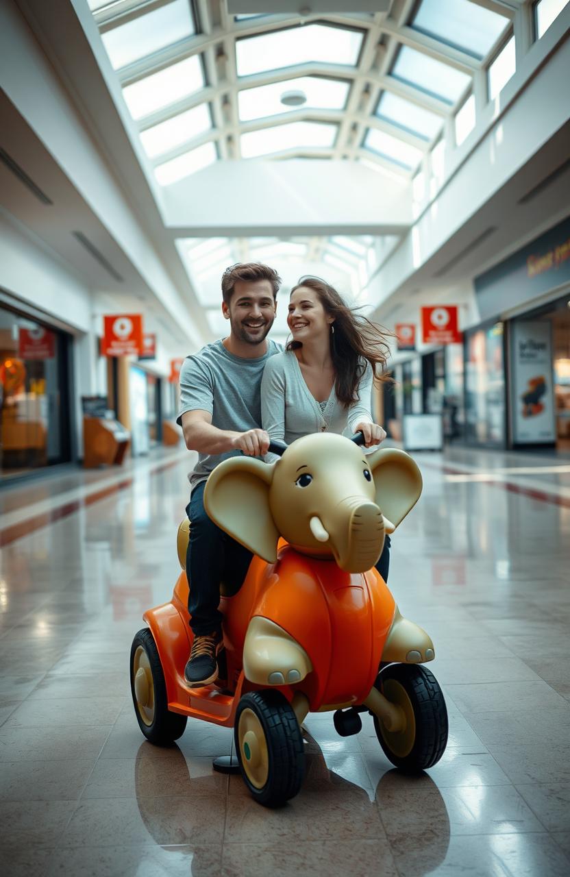 A couple joyfully riding a motorized kiddy animal toy in an empty, melancholic mall