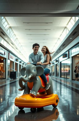 A couple joyfully riding a motorized kiddy animal toy in an empty, melancholic mall