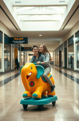 A couple joyfully riding a motorized kiddy animal toy in an empty, melancholic mall
