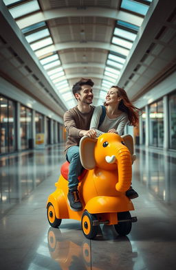 A couple joyfully riding a motorized kiddy animal toy in an empty, melancholic mall