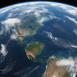 A detailed view of planet Earth from space, showcasing continents, bright blue oceans and atmospherical clouds.