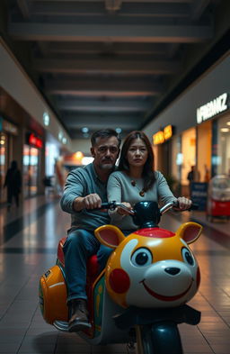 A sad couple sitting on a motorized kiddy animal ride, surrounded by an empty and melancholic mall