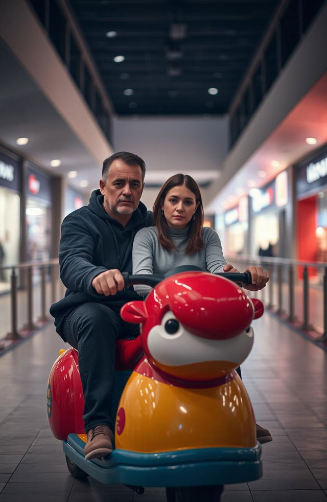 A sad couple sitting on a motorized kiddy animal ride, surrounded by an empty and melancholic mall