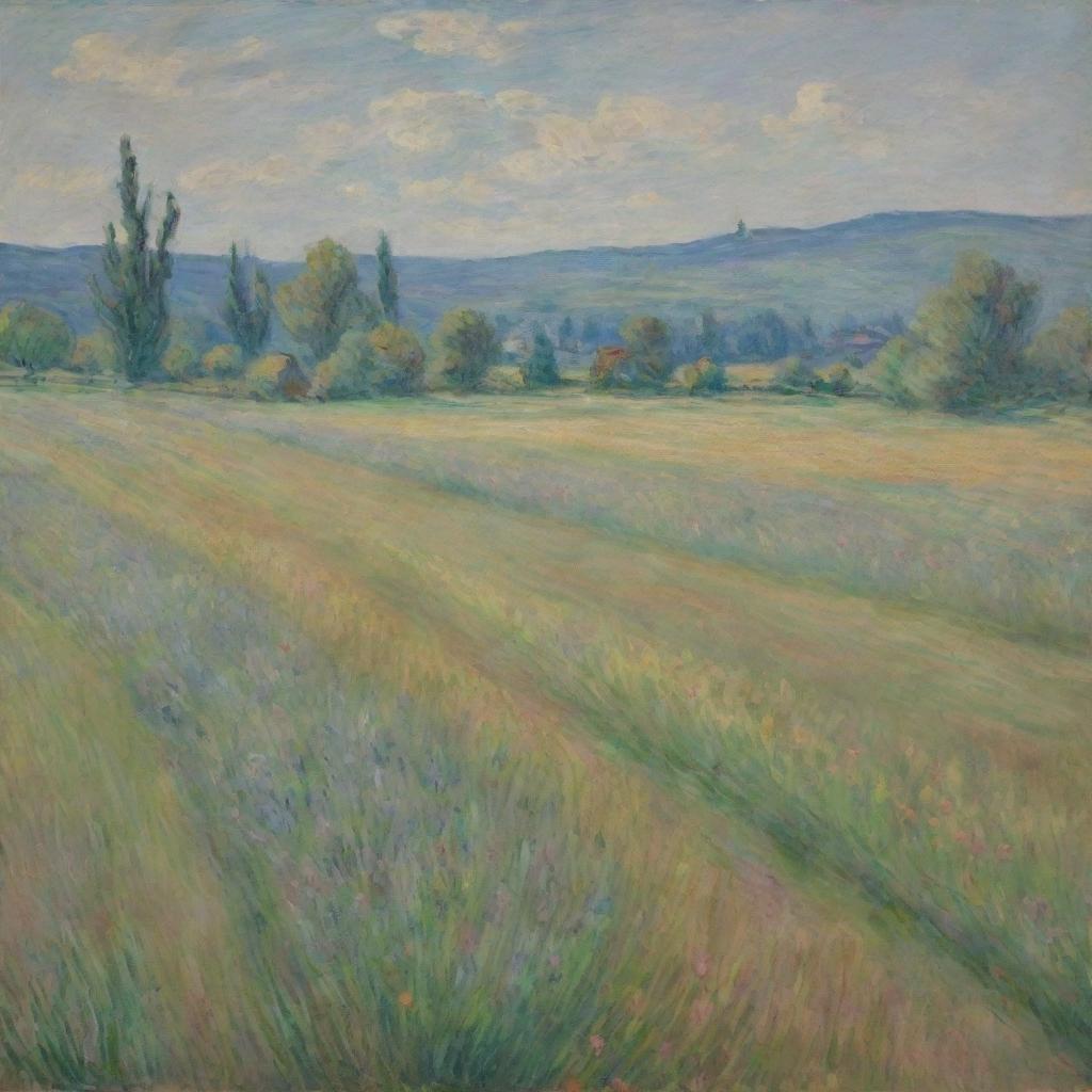 In Claude Monet's distinct impressionist style, construct an image of a tranquil field. The scenery is captured through a mix of vibrant color and quick brushwork, creating an atmosphere filled with natural beauty and serene open space.