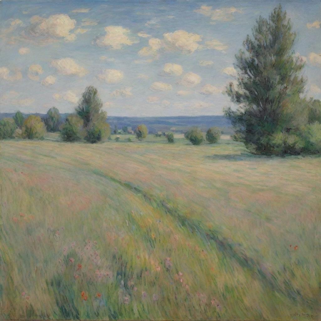 In Claude Monet's distinct impressionist style, construct an image of a tranquil field. The scenery is captured through a mix of vibrant color and quick brushwork, creating an atmosphere filled with natural beauty and serene open space.