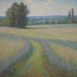 In Claude Monet's distinct impressionist style, construct an image of a tranquil field. The scenery is captured through a mix of vibrant color and quick brushwork, creating an atmosphere filled with natural beauty and serene open space.