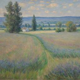 In Claude Monet's distinct impressionist style, construct an image of a tranquil field. The scenery is captured through a mix of vibrant color and quick brushwork, creating an atmosphere filled with natural beauty and serene open space.