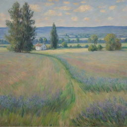 In Claude Monet's distinct impressionist style, construct an image of a tranquil field. The scenery is captured through a mix of vibrant color and quick brushwork, creating an atmosphere filled with natural beauty and serene open space.