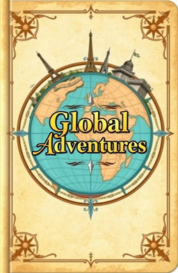 A beautifully designed guidebook cover featuring a vintage travel theme, with an intricate illustration of a globe, classic landmarks like the Eiffel Tower and the Great Wall of China subtly blended into the background, adorned with ornate compass rose designs