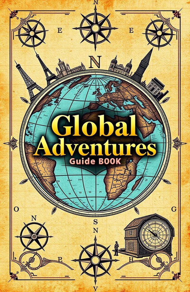 A beautifully designed guidebook cover featuring a vintage travel theme, with an intricate illustration of a globe, classic landmarks like the Eiffel Tower and the Great Wall of China subtly blended into the background, adorned with ornate compass rose designs