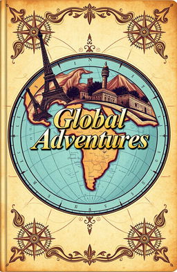 A beautifully designed guidebook cover featuring a vintage travel theme, with an intricate illustration of a globe, classic landmarks like the Eiffel Tower and the Great Wall of China subtly blended into the background, adorned with ornate compass rose designs