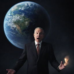 A modify scene, the planet Earth from space in the background and in the foreground a wealthy individual expressing fear.