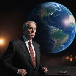 A modify scene, the planet Earth from space in the background and in the foreground a wealthy individual expressing fear.