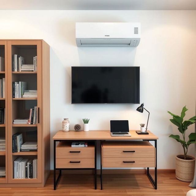 A contemporary interior featuring an IKEA Billy bookshelf paired with an Oxberg glass-panel door, allowing a display of neatly organized books and decor