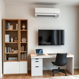 A contemporary interior featuring an IKEA Billy bookshelf paired with an Oxberg glass-panel door, allowing a display of neatly organized books and decor