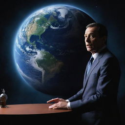 A modify scene, the planet Earth from space in the background and in the foreground a wealthy individual expressing fear.