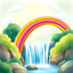 A whimsical book cover design featuring a vibrant rainbow arching over a cascading waterfall, captured in soft and dreamy watercolor style