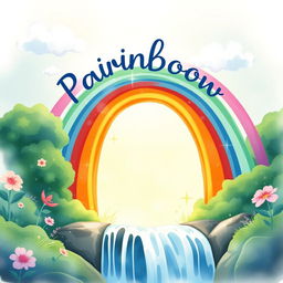 A whimsical book cover design featuring a vibrant rainbow arching over a cascading waterfall, captured in soft and dreamy watercolor style