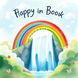 A whimsical book cover design featuring a vibrant rainbow arching over a cascading waterfall, captured in soft and dreamy watercolor style