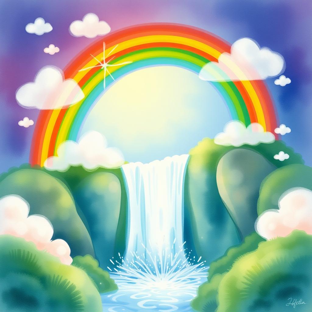 A whimsical book cover design featuring a vibrant rainbow arching over a cascading waterfall, captured in soft and dreamy watercolor style