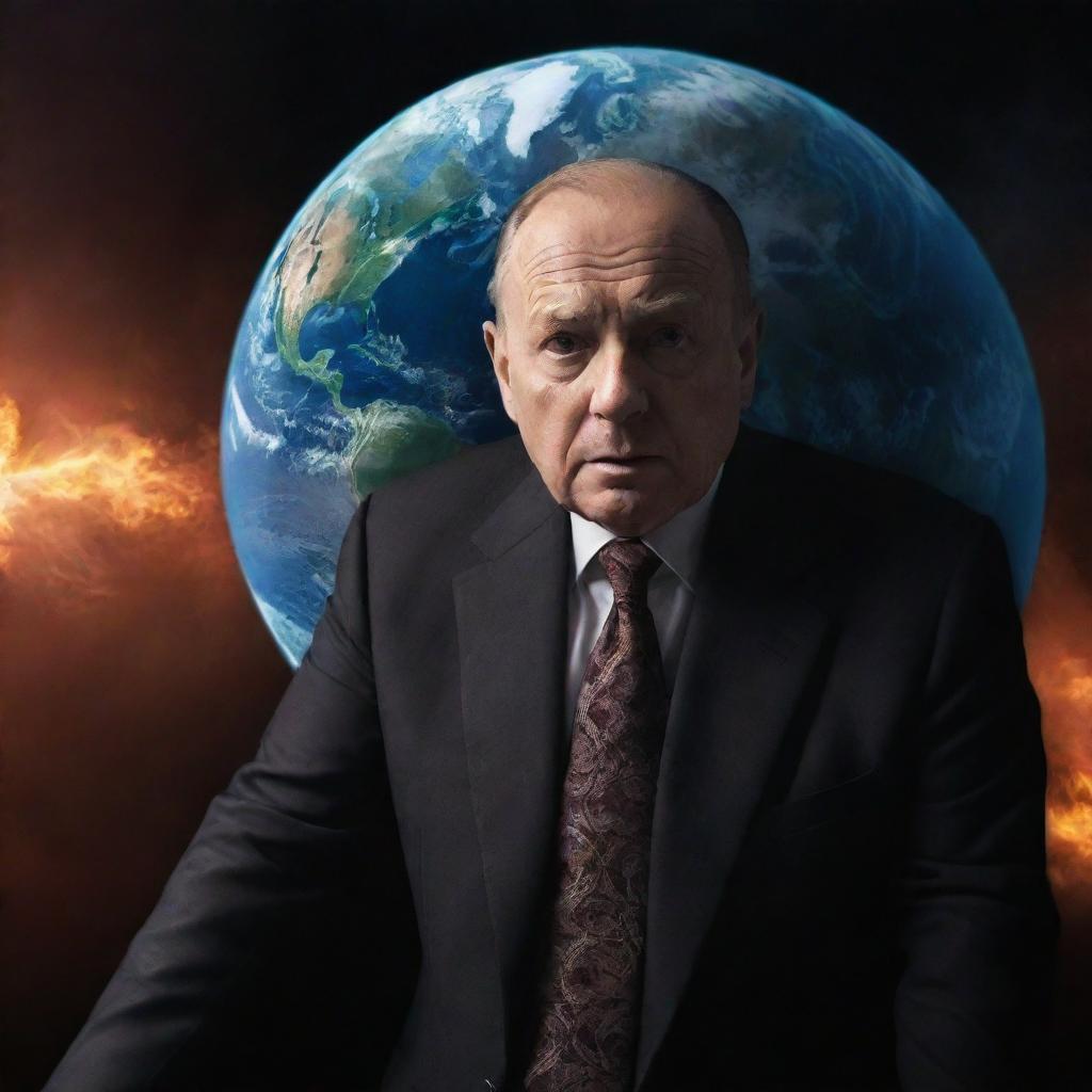 A modify scene, the planet Earth from space in the background and in the foreground a wealthy individual expressing fear.