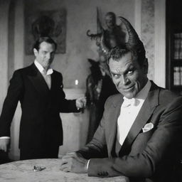 Modified scene of the wealthy individual on Earth showing the demon in the background, attempting to tempt him with a mischievous smirk.