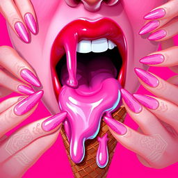 A vibrant 2D illustration featuring a mouth delicately licking a melting pink ice cream cone