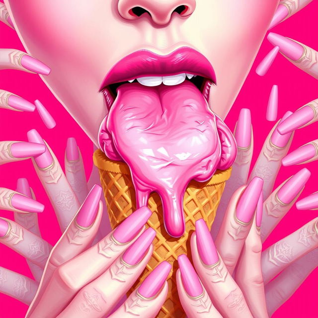 A vibrant 2D illustration featuring a mouth delicately licking a melting pink ice cream cone