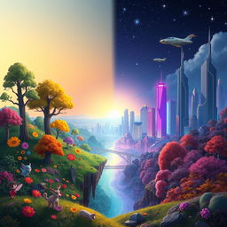 A surreal landscape depicting the concept of 'between two worlds'