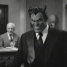 Modified scene of the wealthy individual on Earth showing the demon in the background, attempting to tempt him with a mischievous smirk.