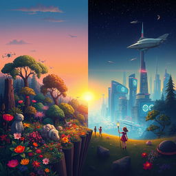 A surreal landscape depicting the concept of 'between two worlds'