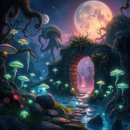 A stunning fantasy landscape depicting a magical forest filled with bioluminescent plants, giant mushrooms, and ethereal glowing creatures