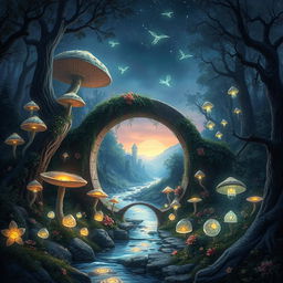 A stunning fantasy landscape depicting a magical forest filled with bioluminescent plants, giant mushrooms, and ethereal glowing creatures