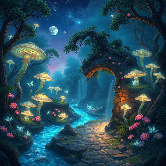 A stunning fantasy landscape depicting a magical forest filled with bioluminescent plants, giant mushrooms, and ethereal glowing creatures