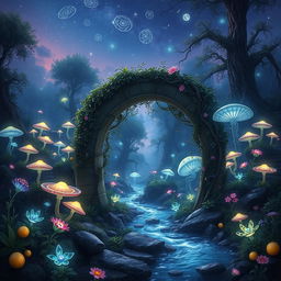 A stunning fantasy landscape depicting a magical forest filled with bioluminescent plants, giant mushrooms, and ethereal glowing creatures