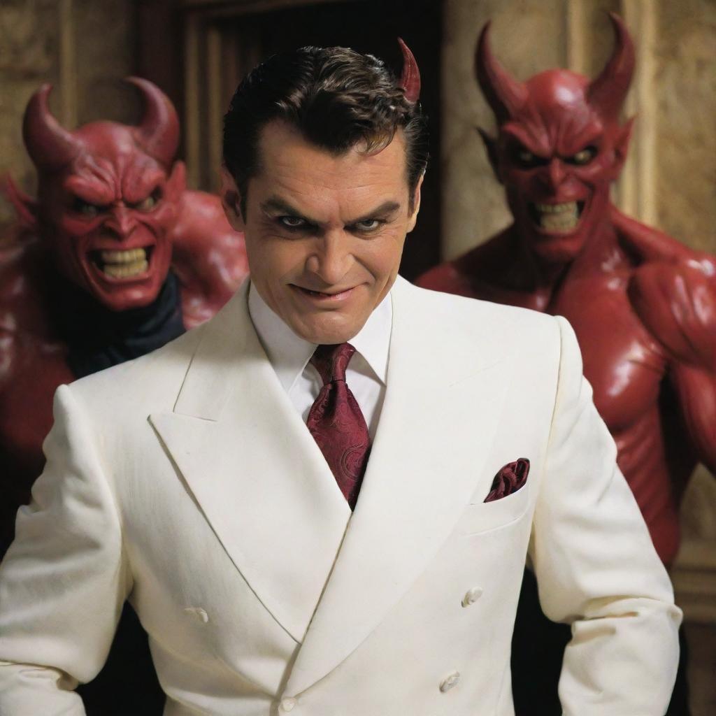 Modified scene of the wealthy individual on Earth showing the demon in the background, attempting to tempt him with a mischievous smirk.