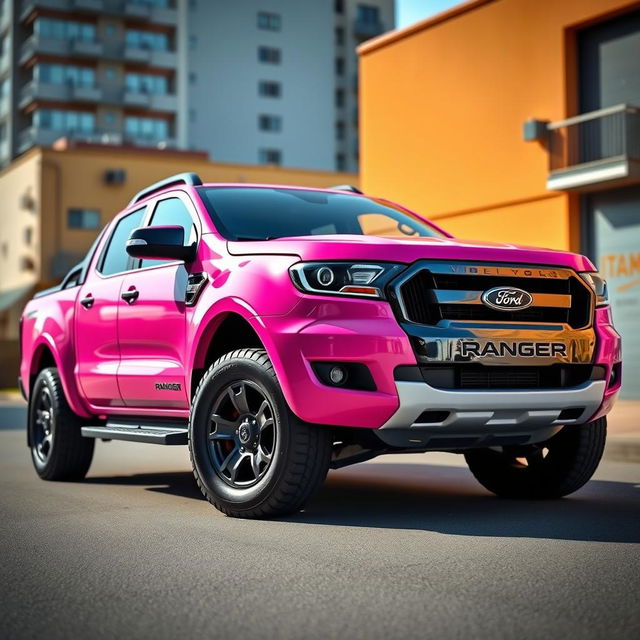 A stunning pink fuchsia Ford Ranger V8 truck, showcasing its muscular design and powerful stance