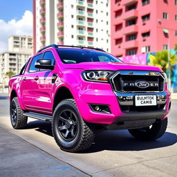 A stunning pink fuchsia Ford Ranger V8 truck, showcasing its muscular design and powerful stance