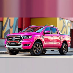 A stunning pink fuchsia Ford Ranger V8 truck, showcasing its muscular design and powerful stance