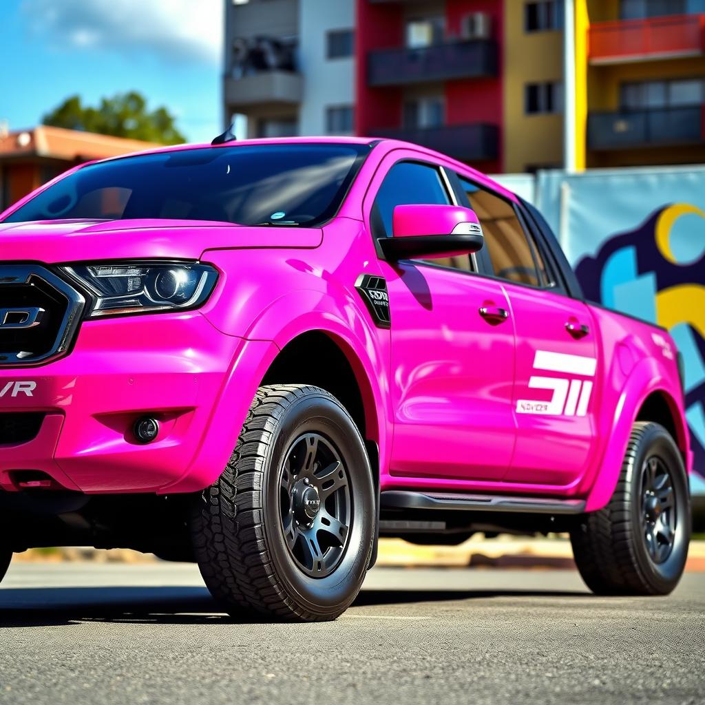 A stunning pink fuchsia Ford Ranger V8 truck, showcasing its muscular design and powerful stance