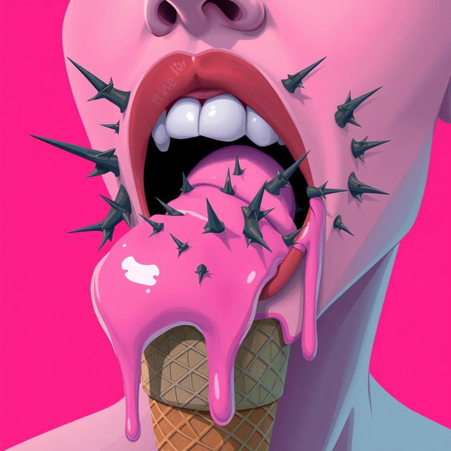 A striking 2D illustration of a mouth licking a melting pink ice cream cone, with the ice cream dripping in luscious pink tones