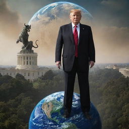 Updated image displaying the transition of the wealthy individual, now portrayed as a dignified President, with the Earth and a cunning demon looming in the background.